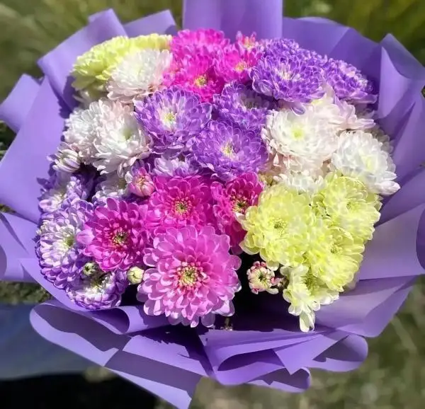 Букет из 9 кустовых разноцветных хризантем